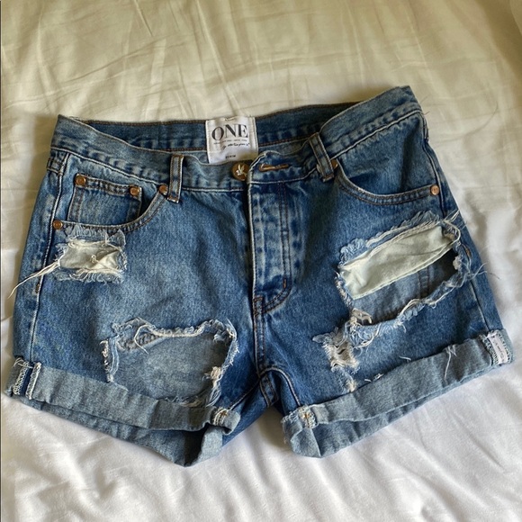 One Teaspoon Blue Distressed Jean Shorts - Picture 2 of 5